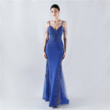 Sexy Strap Rhinestone Chain Fishbone Lace Evening Dress