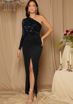 One-Shoulder Long-Sleeved Slim Waist Slit Sequin Dress
