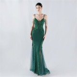 Sexy Strap Rhinestone Chain Fishbone Lace Evening Dress