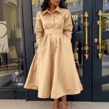 Women's Autumn Solid Color Turndown Collar Long Sleeve A-Line African Dress