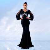 Women Long Sleeve V-Neck Sexy Velvet Formal Party Maxi Evening Dress