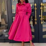 Women's Autumn Solid Color Turndown Collar Long Sleeve A-Line African Dress