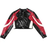 Autumn Winter Women's Fashion Contrast Slim Round Neck Pu Leather Jacket Coat