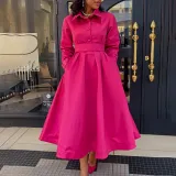 Women's Autumn Solid Color Turndown Collar Long Sleeve A-Line African Dress