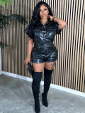 Casual Short Sleeve Button Leather Jumpsuit