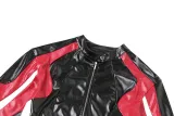 Autumn Winter Women's Fashion Contrast Slim Round Neck Pu Leather Jacket Coat
