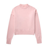 Women Loose-Cut Winter Pink Round Neck Casual Sweater