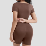 Women's Body Fitted Slim Waist Short Sleeve Slimming Jumpsuit Seamless Jumpsuit