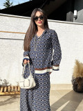 Women Casual Print Long Sleeve Shirt and Long Pants Two-piece Set