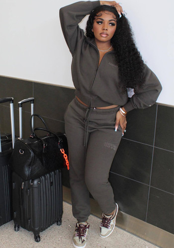 Women Casual Fleece Letter print top and pant two-piece set