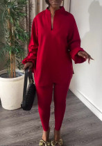 Women V-Neck Lantern Sleeve Slit Shirt and Pants Two-Piece Set