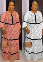 African Plus Size Women Beaded Bell Bottom Sleeve Lace Round Neck Maxi Dress