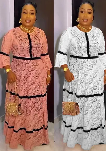 African Plus Size Women Beaded Bell Bottom Sleeve Lace Round Neck Maxi Dress