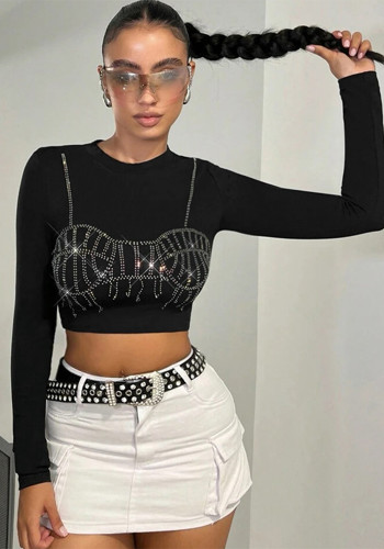 Women Fall Casual Beaded Long Sleeve Round Neck Crop Top