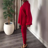 Women V-Neck Lantern Sleeve Slit Shirt and Pants Two-Piece Set