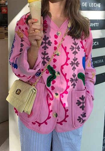 Women autumn pink v-neck print long-sleeved jacket
