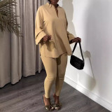 Women V-Neck Lantern Sleeve Slit Shirt and Pants Two-Piece Set