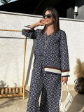 Women Casual Print Long Sleeve Shirt and Long Pants Two-piece Set