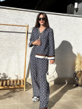 Women Casual Print Long Sleeve Shirt and Long Pants Two-piece Set