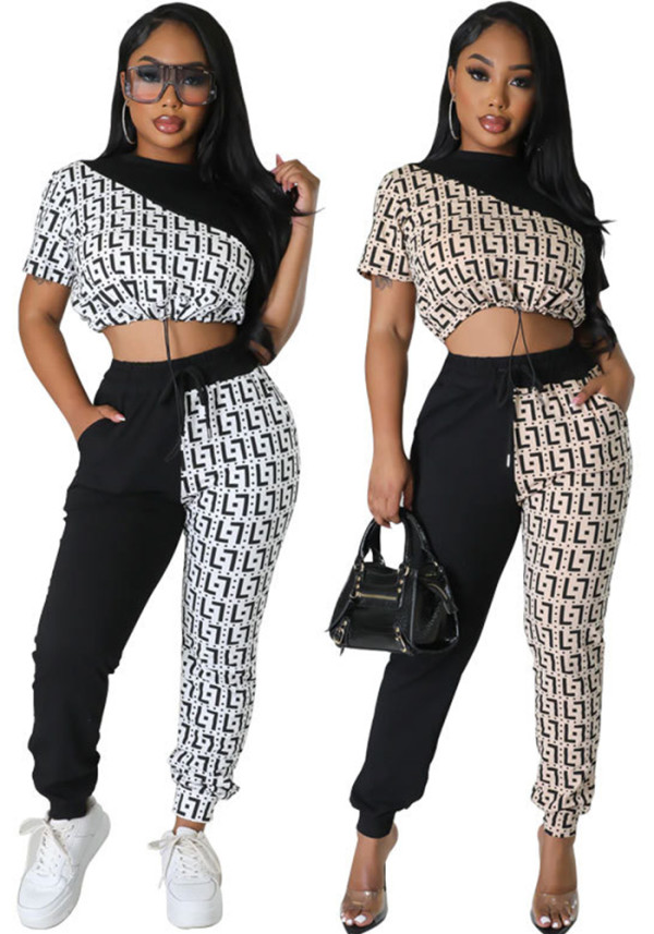 Women Fall Casual Colorblock Top and Pant Two-Piece Set