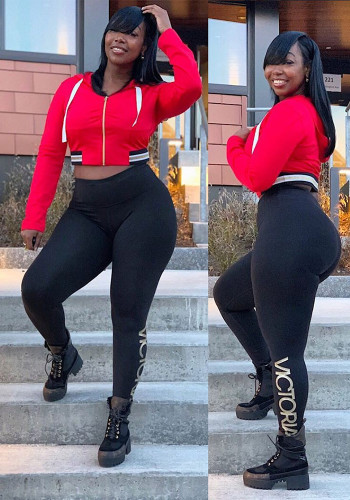 Women Sports Casual Contrast Hoodies and Printed Pants Two-piece Set
