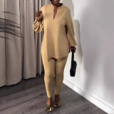 Women V-Neck Lantern Sleeve Slit Shirt and Pants Two-Piece Set