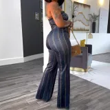 Women Printed Sleeveless Strapless Elastic Bodycon Wide Leg Jumpsuit