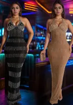 Women Lace Beaded V Neck Sleeveless Dress