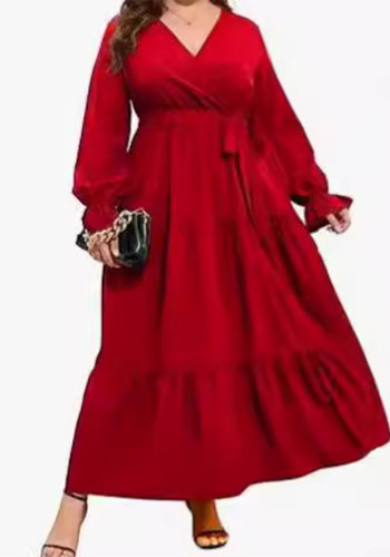 Plus Size Women V-Neck Long Sleeve Pleated Dress