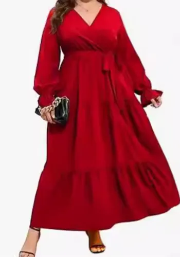 Plus Size Women V-Neck Long Sleeve Pleated Dress