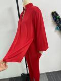 Women V-Neck Lantern Sleeve Slit Shirt and Pants Two-Piece Set