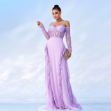 Long Sleeve Off Shoulder Meshchiffon Formal Party Evening Gown Long Bridesmaid Dress