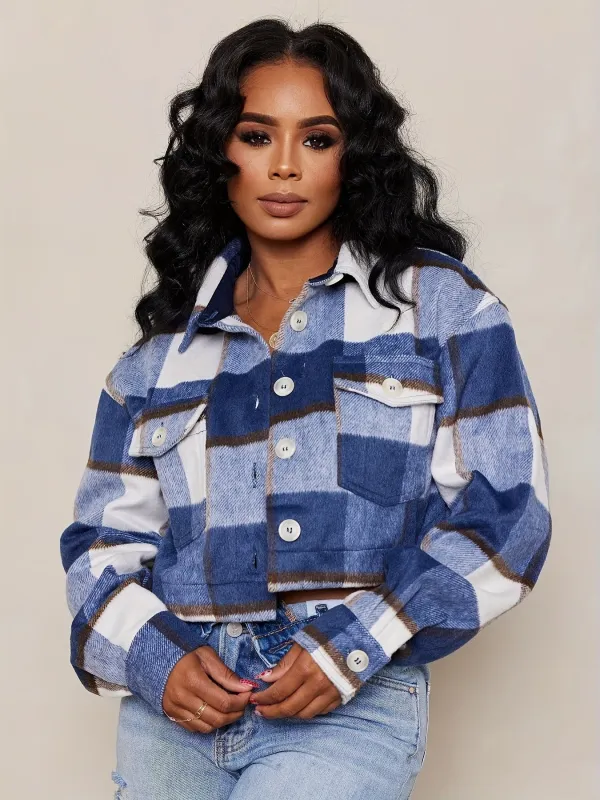 Autumn Winter Women's  Plaid Turndown Collar Long Sleeve Shirt Coat
