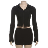 Summer Sexy Slim Fit Zipper Long-Sleeved Top High Waist Bodycon Short Skirt Two Piece Set