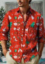 Spring Autumn Men's Casual Christmas Print Turndown Collar Long Sleeve Shirt