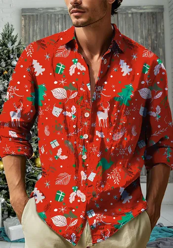 Spring Autumn Men's Casual Christmas Print Turndown Collar Long Sleeve Shirt