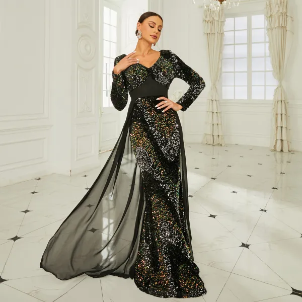 Long Sleeve V Neck Sexy Sequin Formal Party Evening Gown Long Bridesmaid Dress