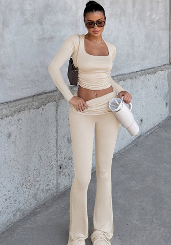 Women's Autumn Winter Solid Color Long Sleeve Tight Fitting Two-Piece Pants Set
