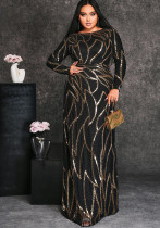 Plus Size Women's Long Sleeve Round Neck Formal Party Sexy Sequin Evening Dress