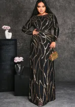 Plus Size Women's Long Sleeve Round Neck Formal Party Sexy Sequin Evening Dress