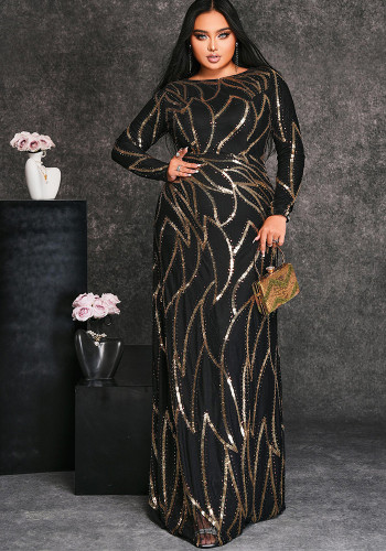 Plus Size Women's Long Sleeve Round Neck Formal Party Sexy Sequin Evening Dress