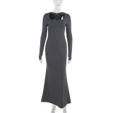Autumn Solid Color Square Neck Long Sleeve Slim Women Long Dress