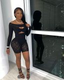 Fashionable Women's Off Shoulder Lace Hollow Sexy Short Jumpsuit