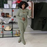 Autumn Winter Solid Color Long Sleeve Hooded Top Sexy Strap Slim Jumpsuit Two-Piece Set