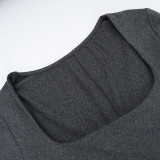 Autumn Solid Color Square Neck Long Sleeve Slim Women Long Dress