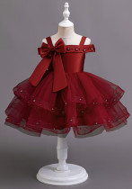 Girls' Strap Sleeveless Trendy Bow Princess Dress Children's Beaded Wedding Tutu Evening Dress