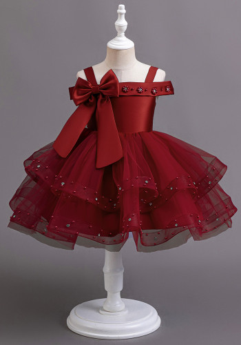 Girls' Strap Sleeveless Trendy Bow Princess Dress Children's Beaded Wedding Tutu Evening Dress