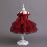 Girls' Strap Sleeveless Trendy Bow Princess Dress Children's Beaded Wedding Tutu Evening Dress