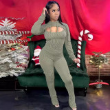 Autumn Winter Solid Color Long Sleeve Hooded Top Sexy Strap Slim Jumpsuit Two-Piece Set