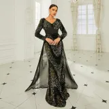 Long Sleeve V Neck Sexy Sequin Formal Party Evening Gown Long Bridesmaid Dress